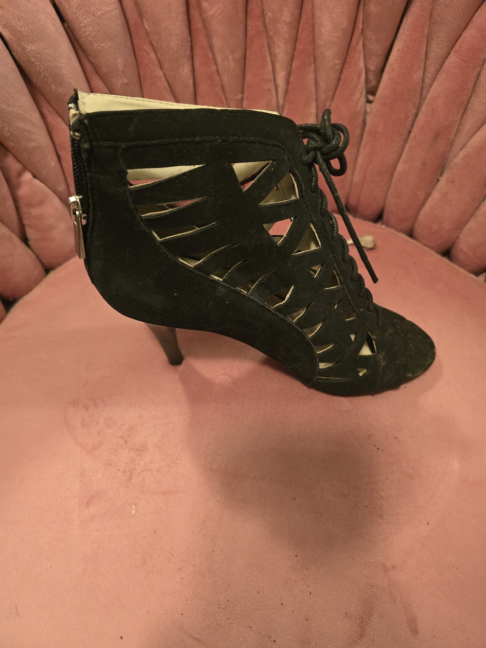 Avon Black Suede Lace-Up Cutout Heels